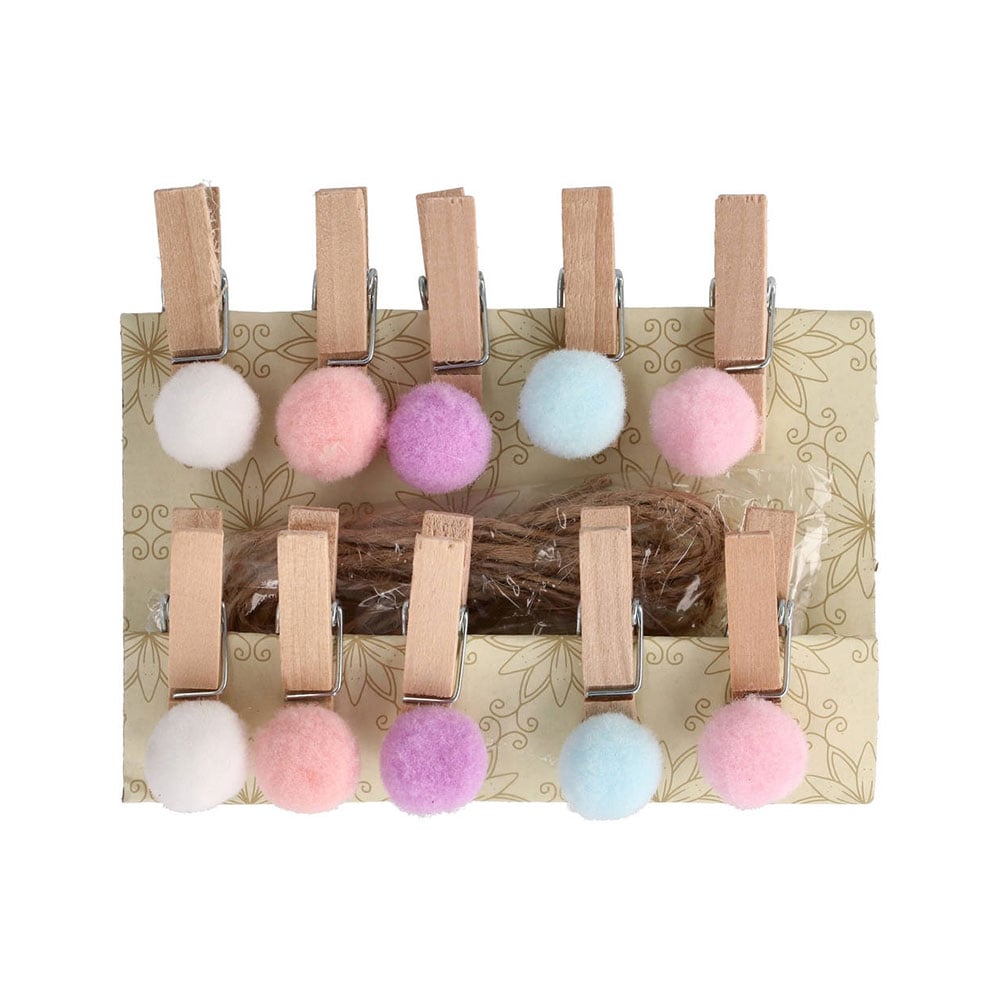 Junior Wooden Pegs with Pom-Poms, 10 pcs