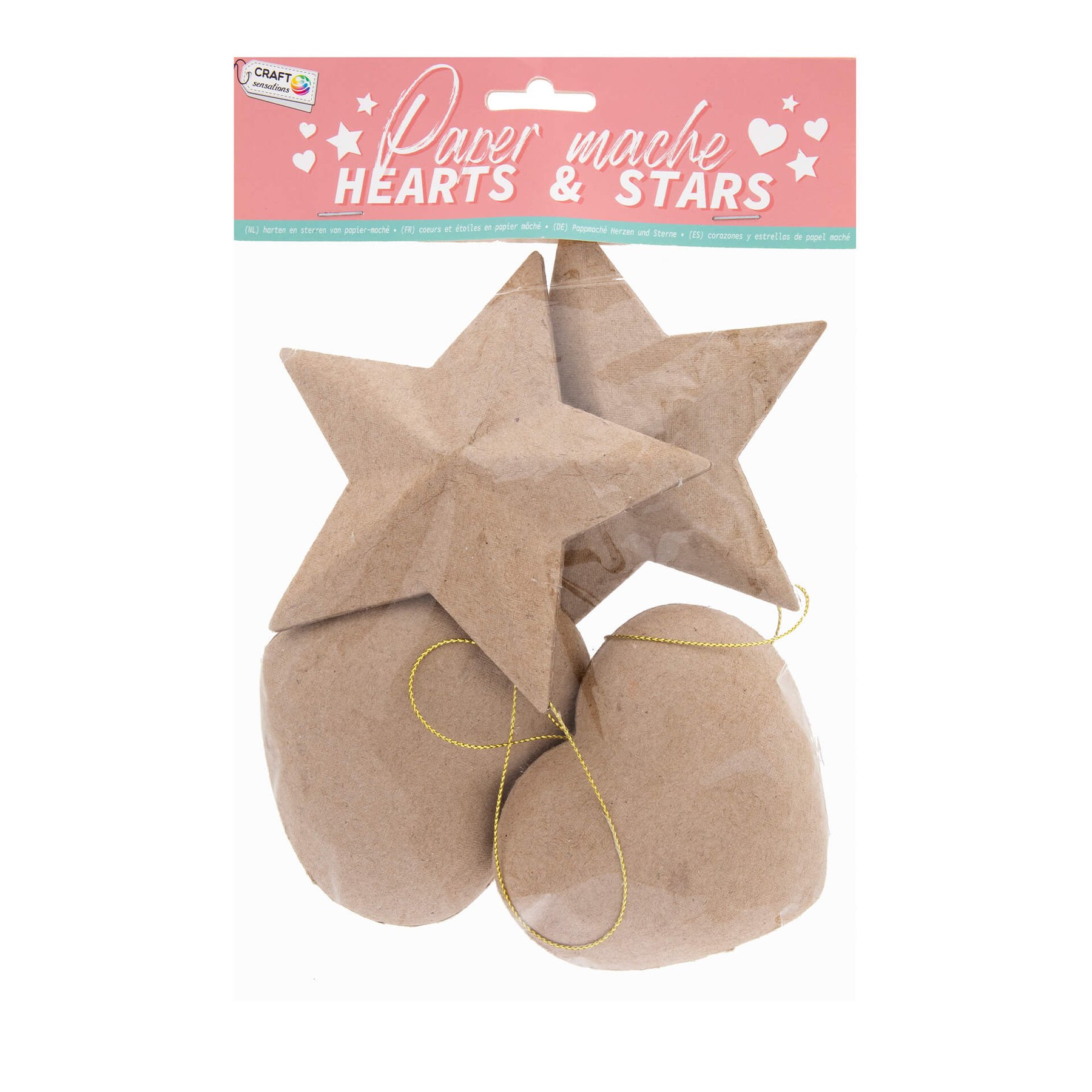 Craft ID Hearts and stars for decoration, papier-mache, 4 pieces