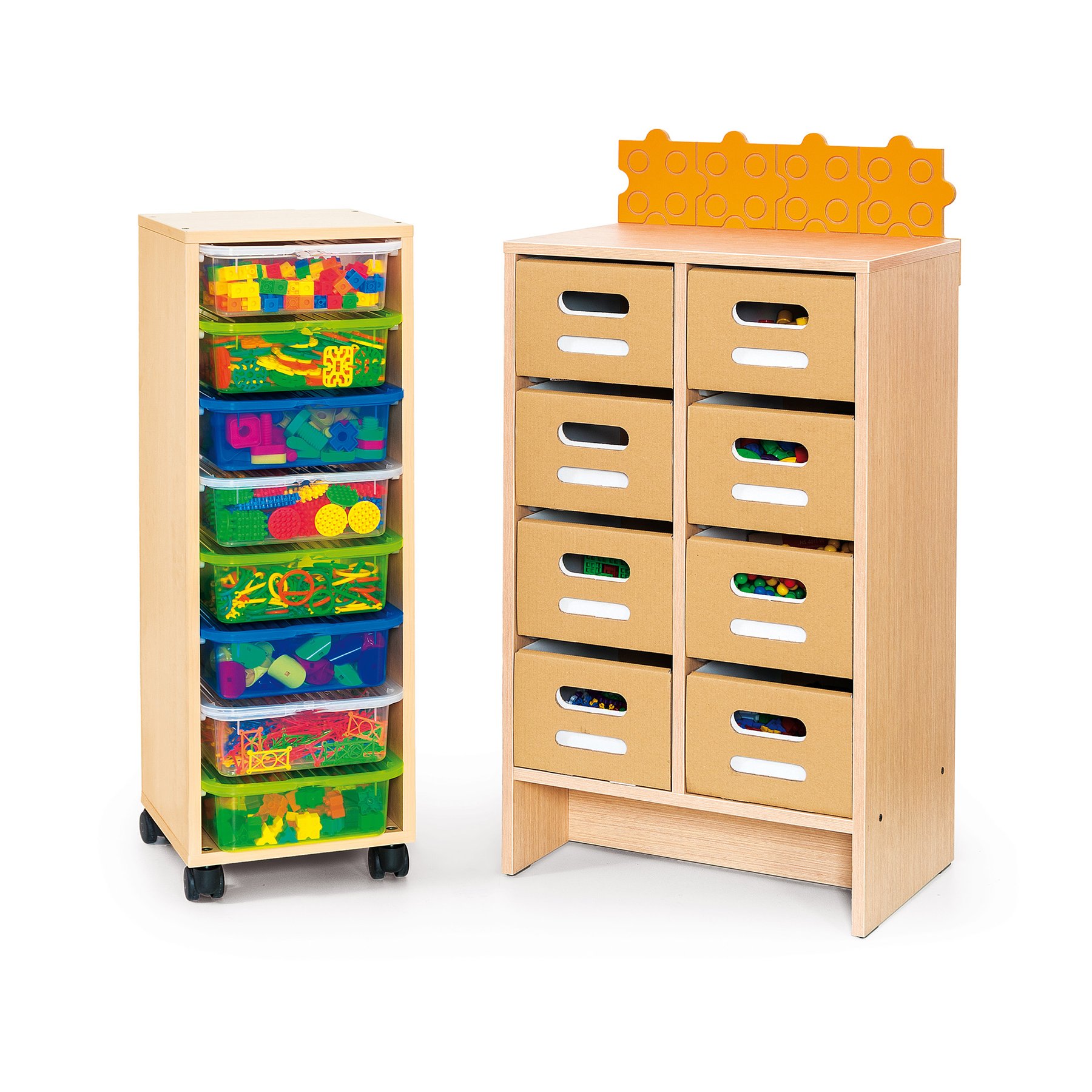Nowa Szkola Mobile cabinet with 8 boxes, filled with construction set
