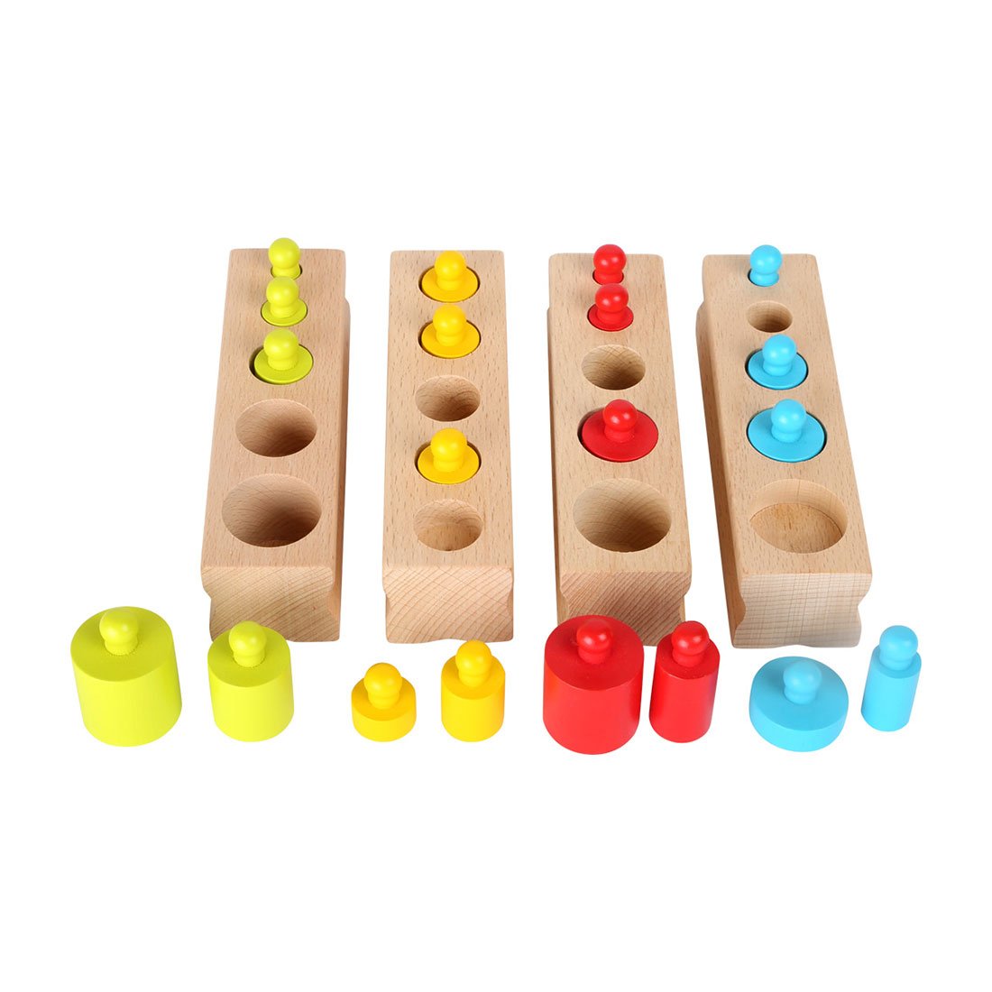 Small Foot Cylinders, wooden, colored, 15 x 16 x 3.5 cm