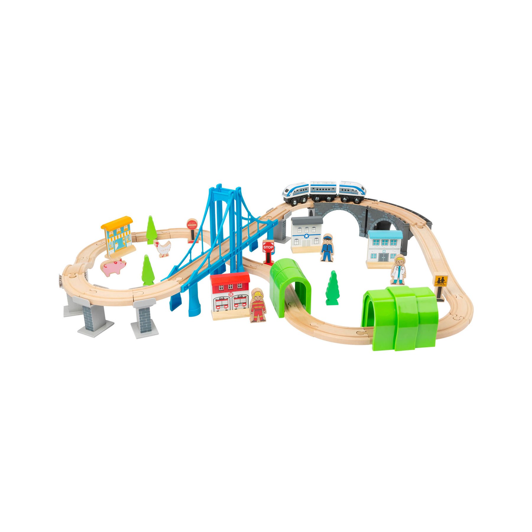 Small Foot Train set with rails and bridge, wooden, 60 pieces
