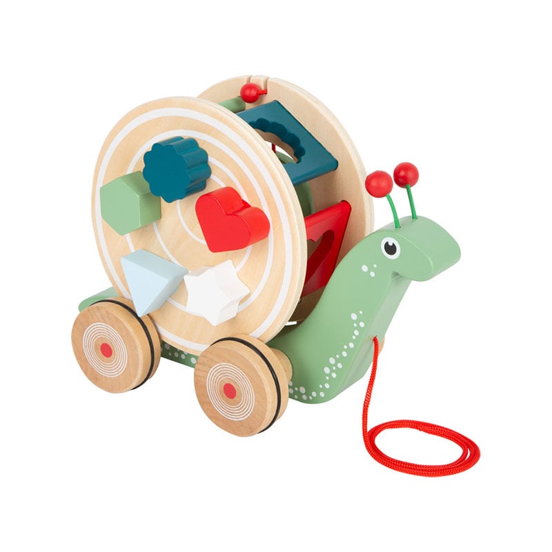 Small Foot Pull-along Toy Snail, with shape sorter, wooden