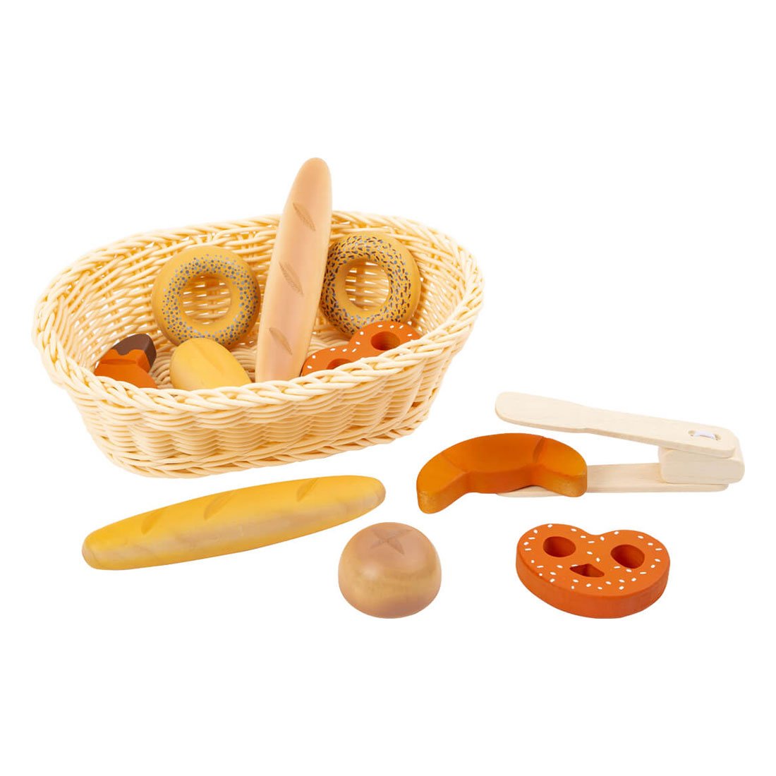 Small Foot Basket with Bread Rolls, Wooden, 12 pcs