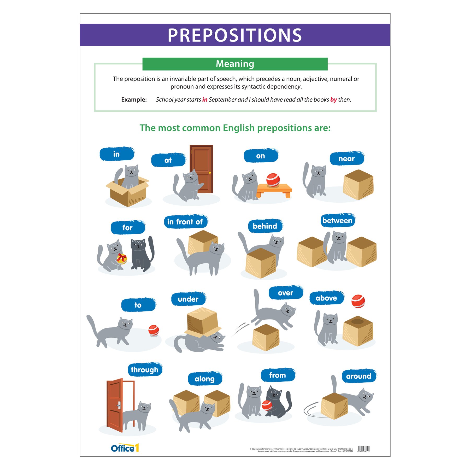 Office 1 School poster “English Prepositions”, 70 x 100 cm