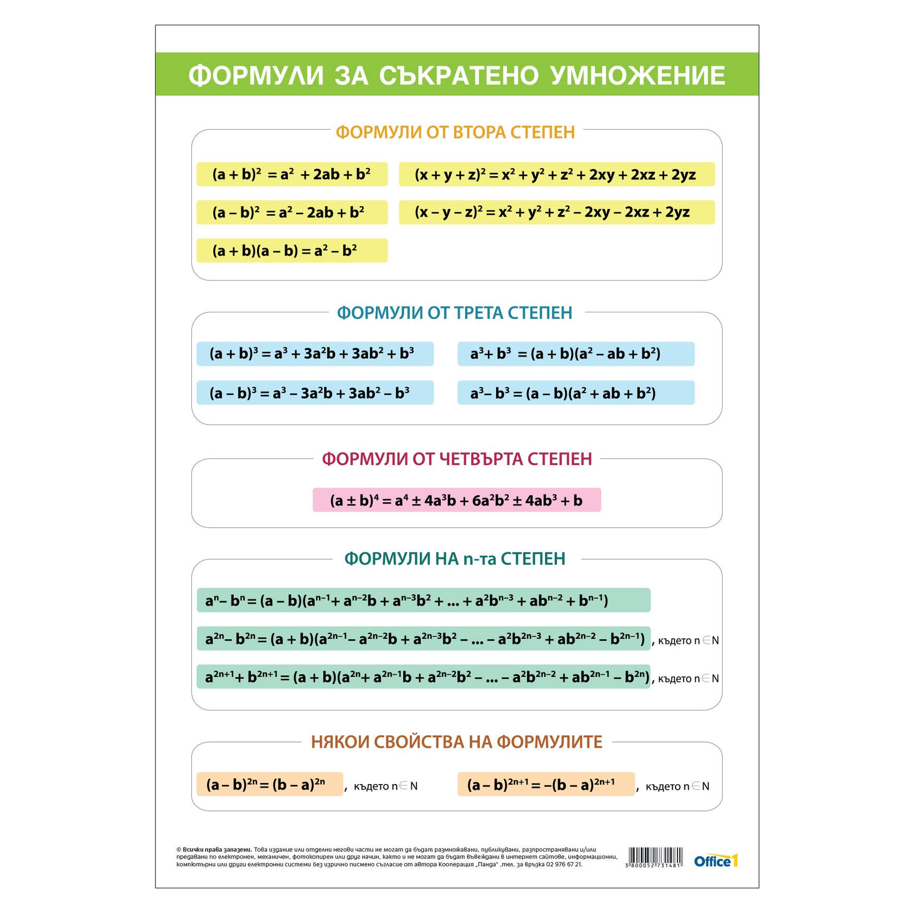 Office 1 Educational Board “Formulas for Shortened Multiplication”, 70 x 100 cm, double-sided