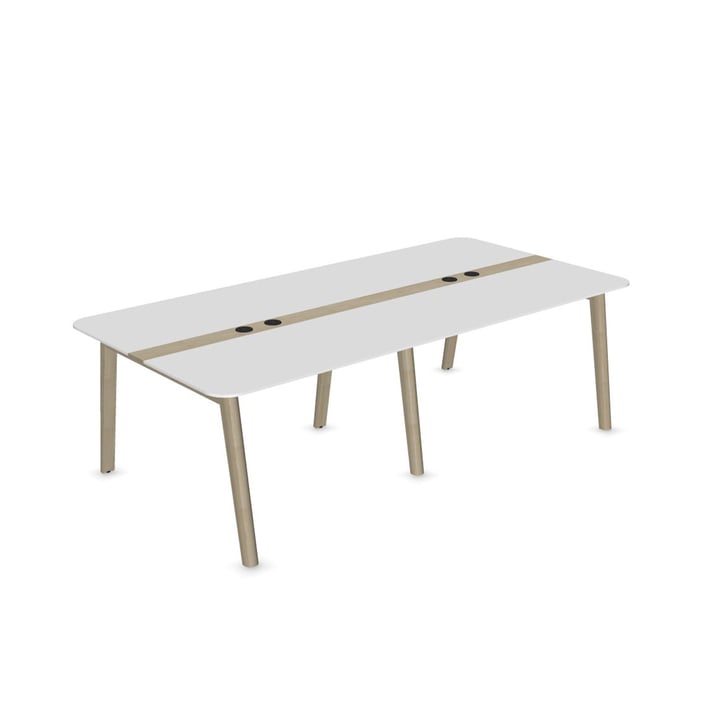 Заседателна маса Narbutas Nova Wood, 2400 x 1200 x 740 mm, правоъгълен плот, MDF 26 mm, HPL бял плот, бял метал, дървени крака