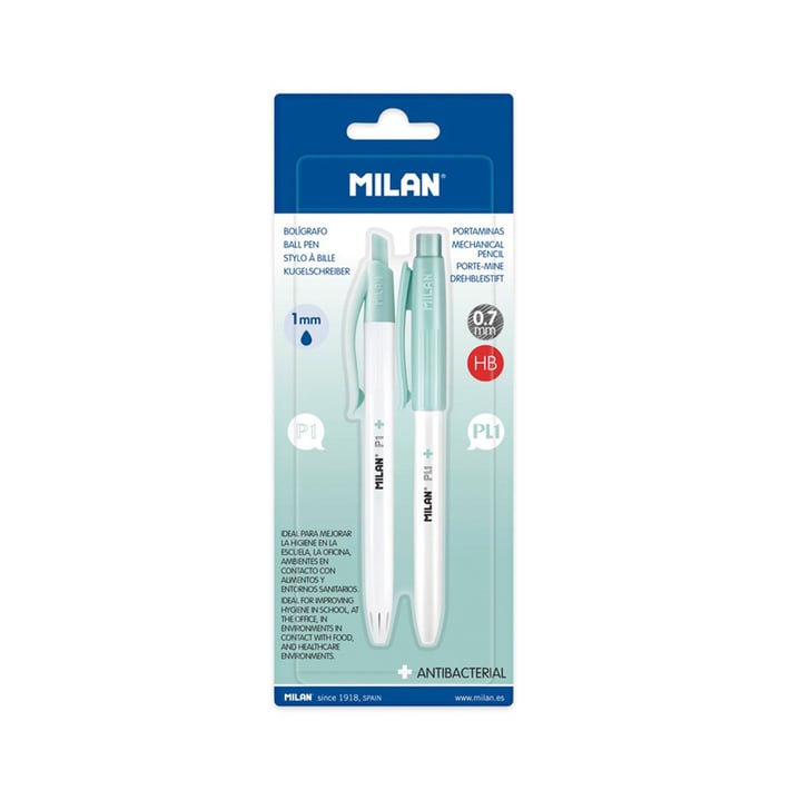 Milan Комплект химикалка и автоматичен молив P1+, антибактериални, в блистер, 12 броя