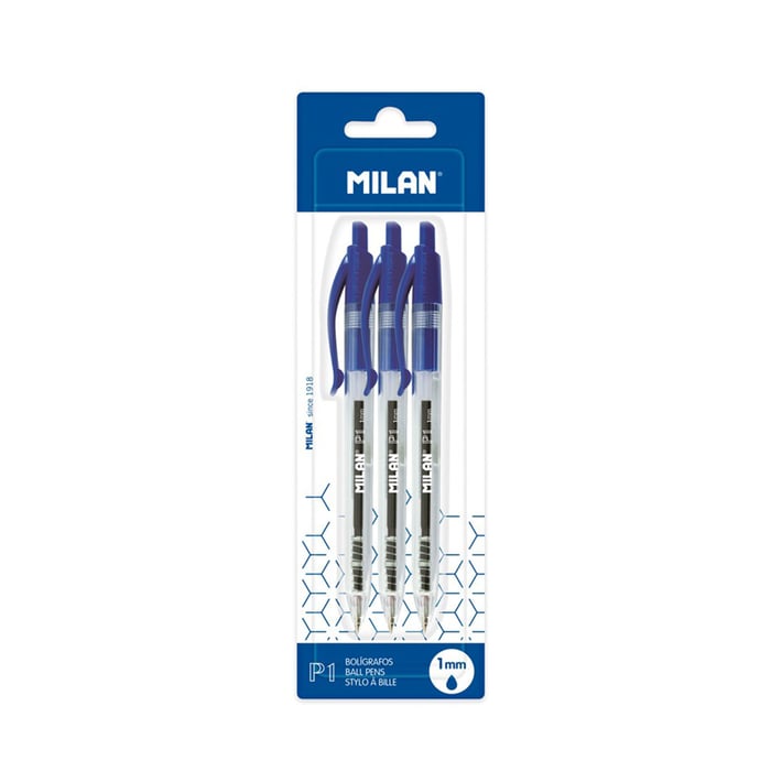 Milan Химикалка P1, автоматична, синя, 3 броя в блистер, опаковка 24