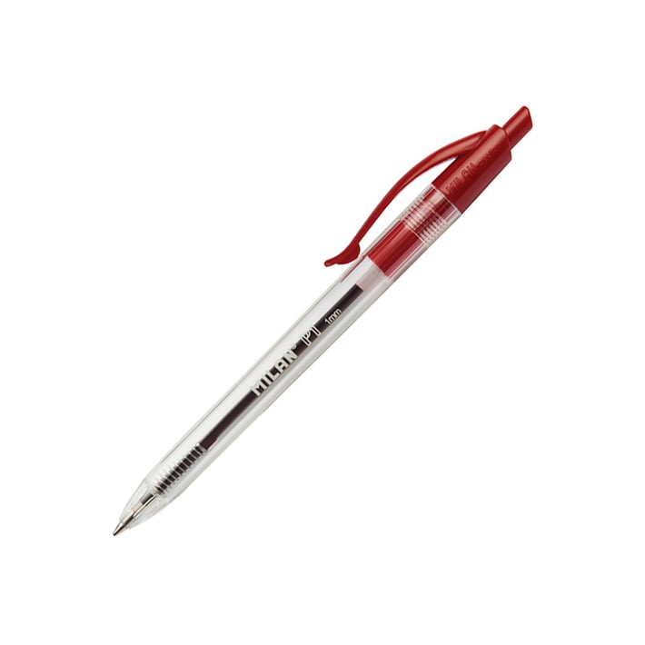 Milan Химикалка P1, прозрачна, 1.0 mm, червена, 25 броя