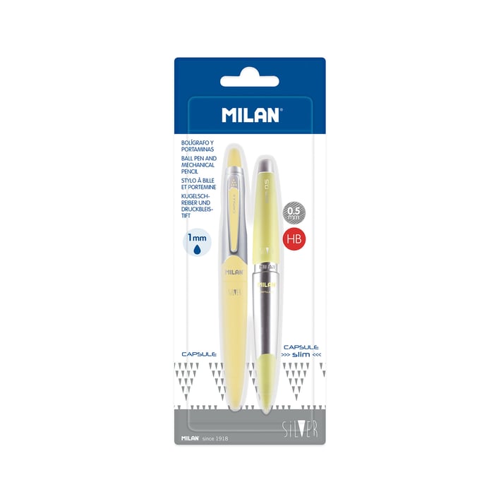 Milan Комплект химикалка и автоматичен молив Capsule, жълти, в блистер, 12 броя