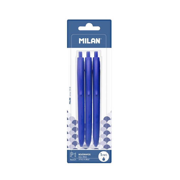 Milan Химикалка P1 Touch, автоматична, синя, 3 броя в блистер