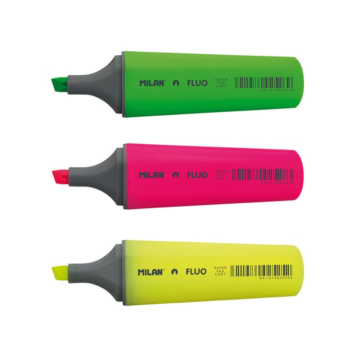 Milan Текст маркер Fluo, нов дизайн, 3 цвята, опаковка 25