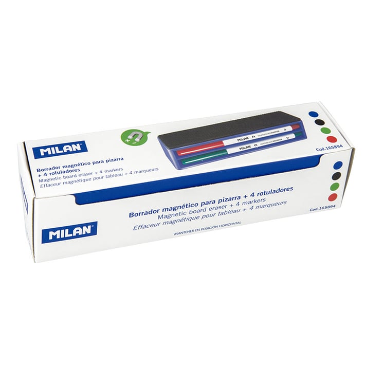 Milan Комплект за бяла дъска, включващ 4 цвята маркери и гъба, магнитна