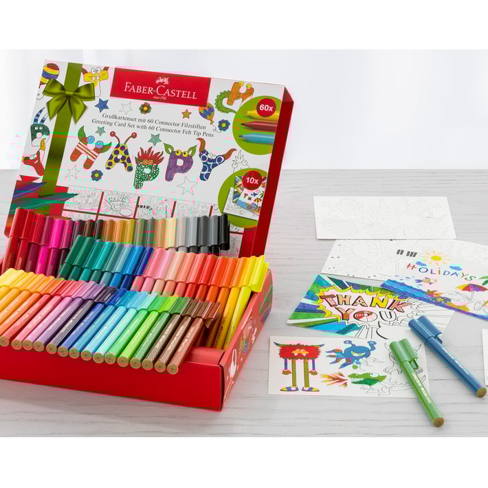 Faber-Castell Флумастери Connector, 60 цвята и 10 картички за оцветяване