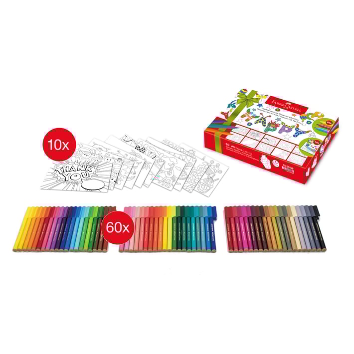 Faber-Castell Флумастери Connector, 60 цвята и 10 картички за оцветяване