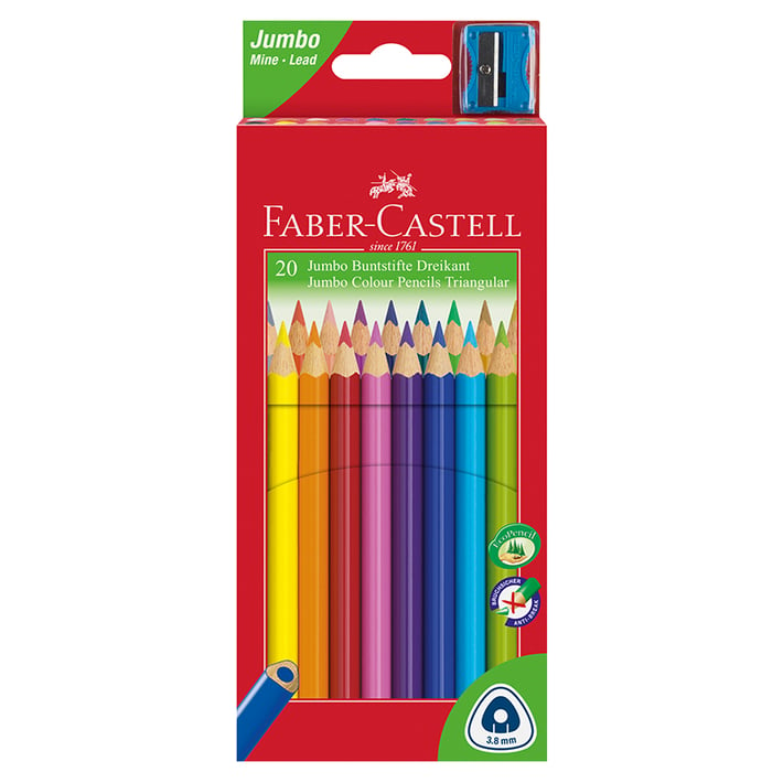 Faber-Castell Цветни моливи Triangular Jumbo, 20 цвята, с включена острилка