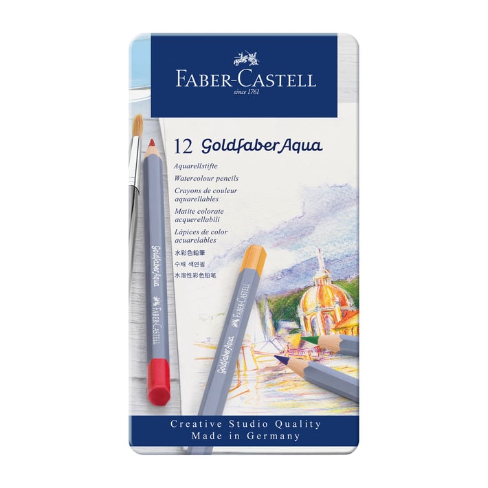 Faber-Castell Акварелни моливи Goldfaber Aqua, 12 цвята, в метална кутия