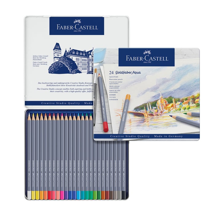 Faber-Castell Акварелни моливи Goldfaber Aqua, 24 цвята, в метална кутия