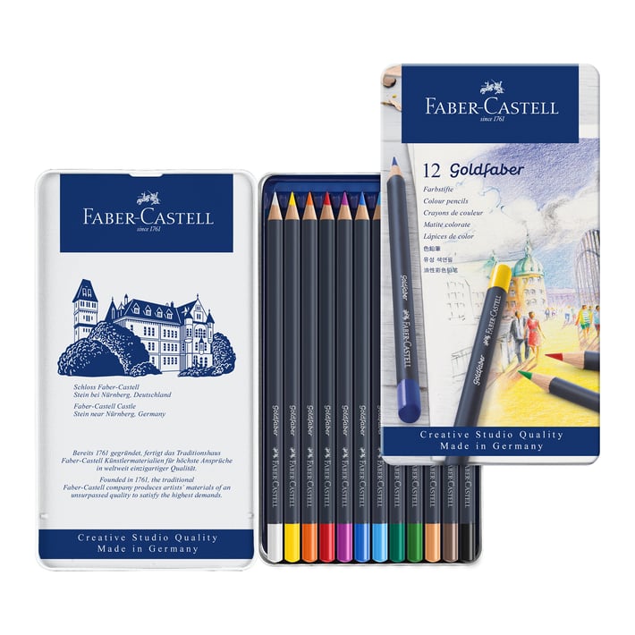 Faber-Castell Цветни моливи Goldfaber, 12 цвята, в метална кутия