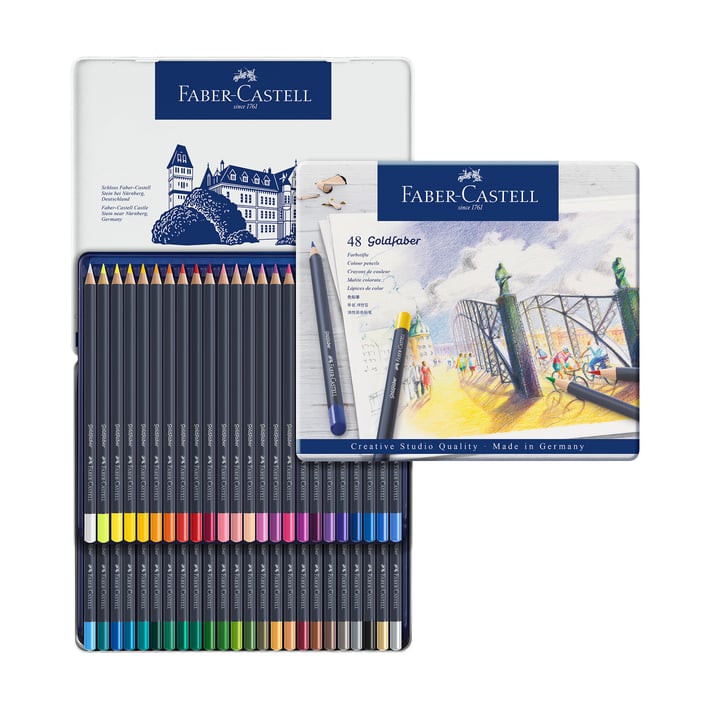 Faber-Castell Цветни моливи Goldfaber, 48 цвята, в метална кутия