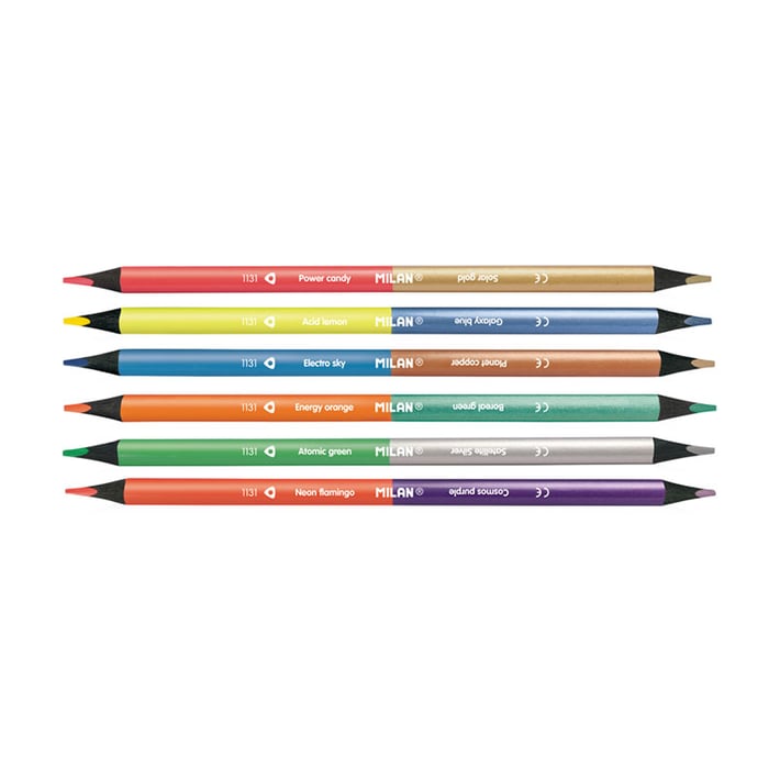 Milan Цветни моливи Triangular Bicolour Fluo-metal, 6 броя, 12 цвята