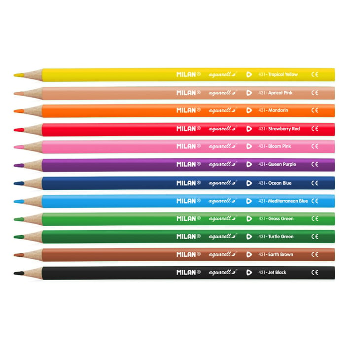 Milan Цветни акварелни моливи Triangular, 12 цвята, с включена четка