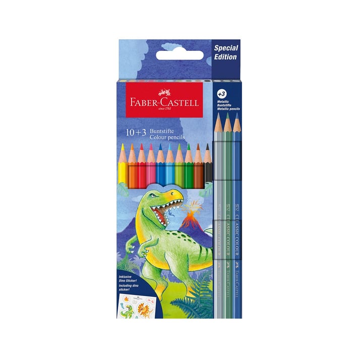 Faber-Castell Моливи Динозавър, 10 стандартни и 3 металикови цвята