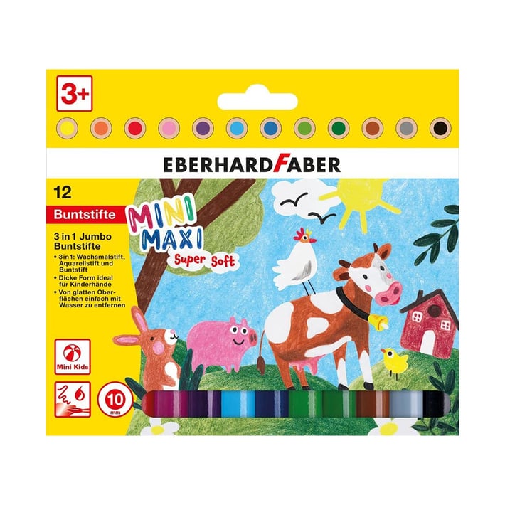 Eberhard Faber Цветни моливи Мини - Макси, 3 в 1, Jumbo, 12 цвята