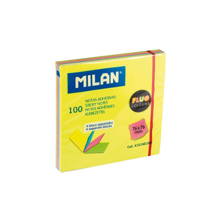 Milan Самозалепващи листчета Fluo, 76 x 76 mm, 4 цвята, 100 листа, опаковка 10