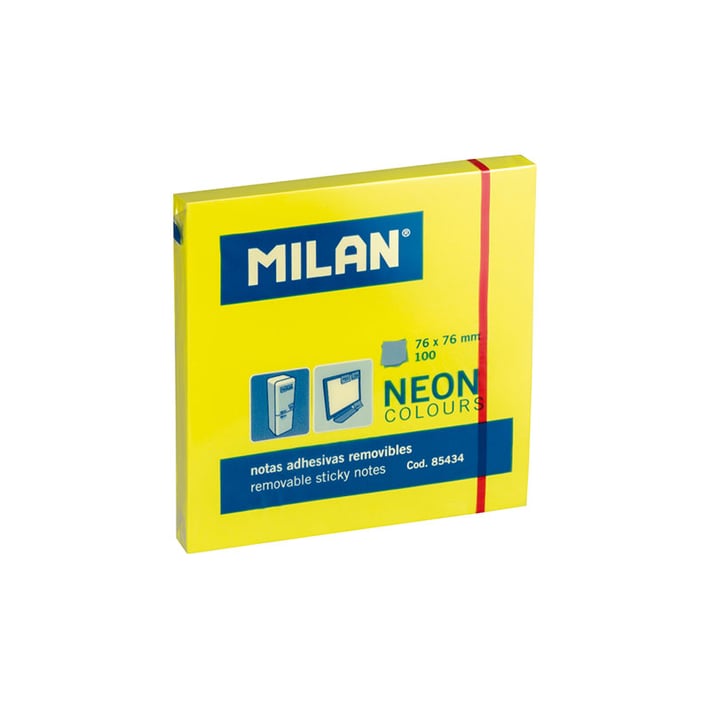 Milan Самозалепващи листчета, 76 x 76 mm, жълти, неонови, 100 листа, опаковка 10