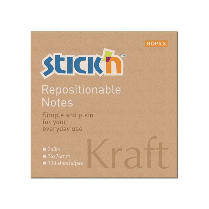 Stick'n Самозалепващи се листчета Kraft, 76 x 76 mm, кафяви, 100 листа