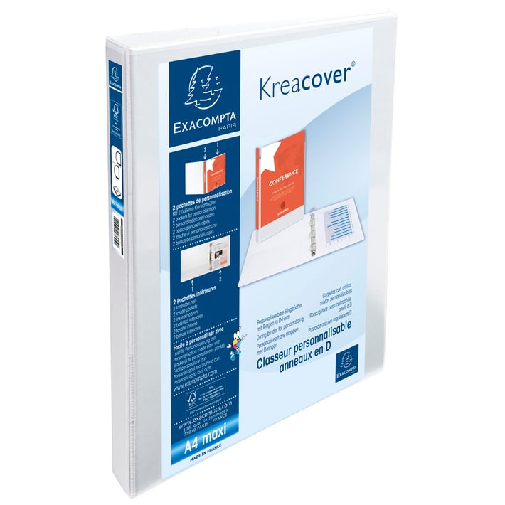 Exacompta Папка Kreacover, А4, с 2 ринга, 3 джоба, PP, 47 mm, бяла