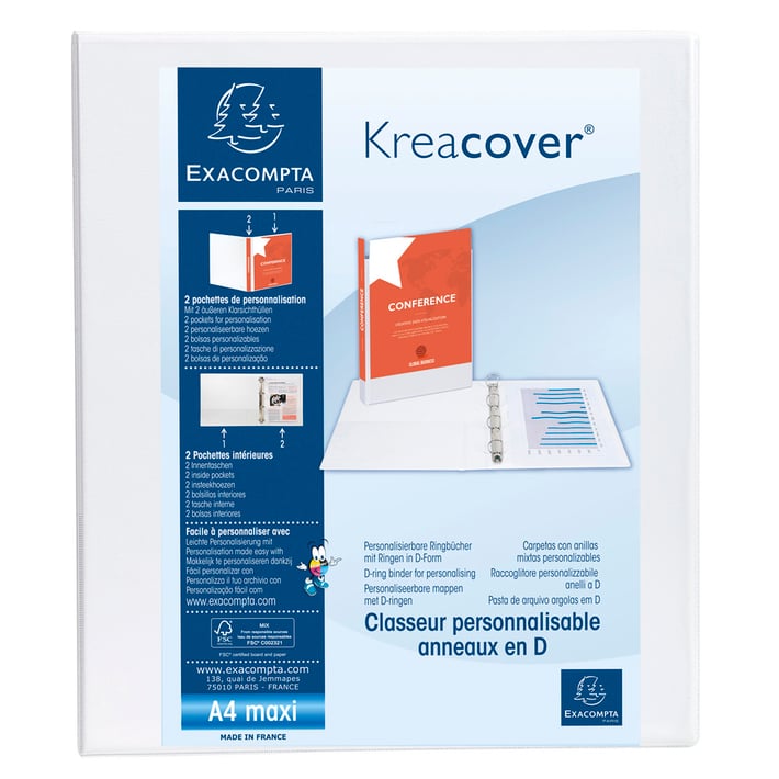 Exacompta Папка Kreacover, А4, с 4 ринга, 3 джоба, 64 mm, бяла