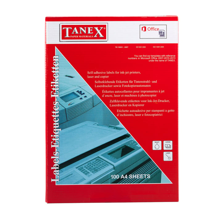 Tanex Самозалепващи етикети, A4, 70 x 46 mm, прави ъгли, 100 листа