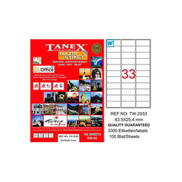 Tanex Самозалепващи етикети, A4, 63.5 х 25.4 mm, заоблени ъгли, 33 броя, 100 листа