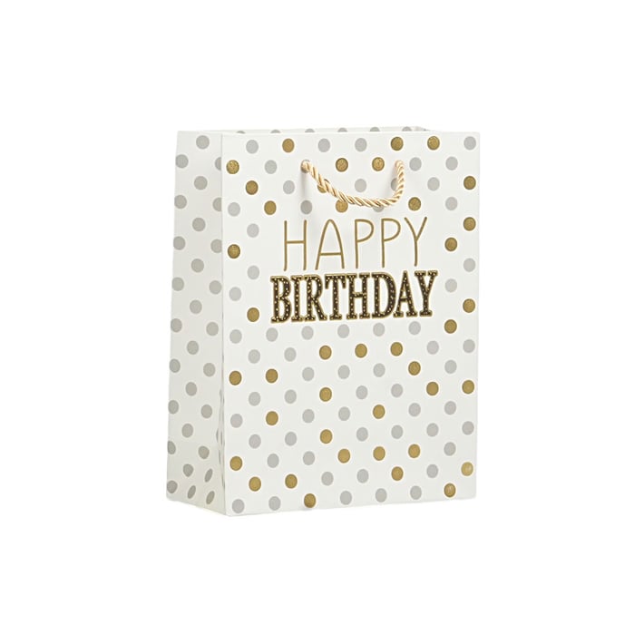 Подаръчна торбичка Happy Birthday, 18 х 23 х 8 cm, точки бяла