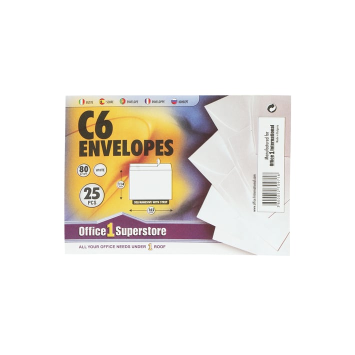 Office 1 Плик, C6, 114 x 162 mm, хартиен, със самозалепваща лента, бял, 25 броя