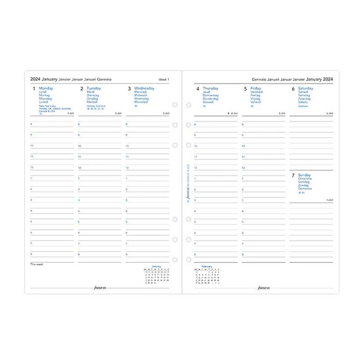 Filofax Пълнител за органайзер Classic, А5, за 2024 година, 1 седмица на 2 страници, вертикален