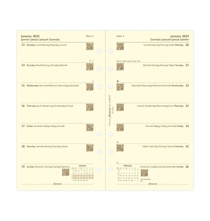 Filofax Пълнител за органайзер Classic, Personal, кремава хартия, за 2025 година, 1 седмица на страница