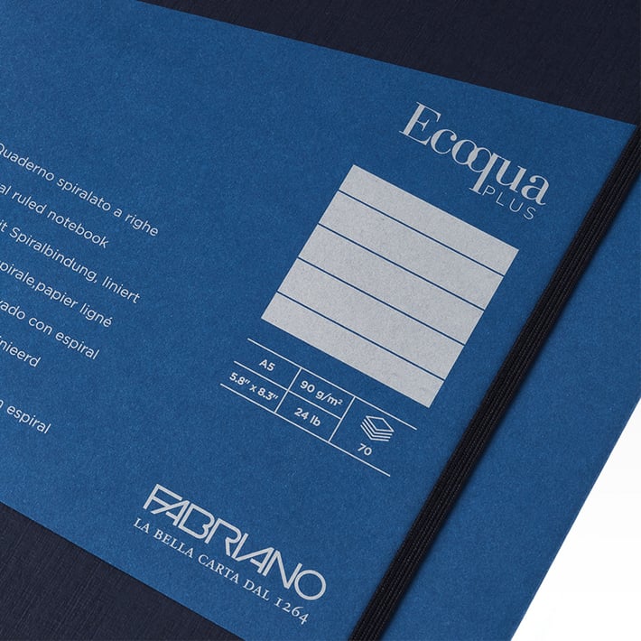 Fabriano Тетрадка Ecoqua+, A5, картонена корица, със скрита спирала, 70 листа, тъмносиня