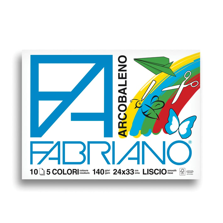 Fabriano Скицник за рисуване Arcobaleno, 24 x 33 cm, 140 g/m2, цветни листове, грапав, 5 цвята, 10 листа