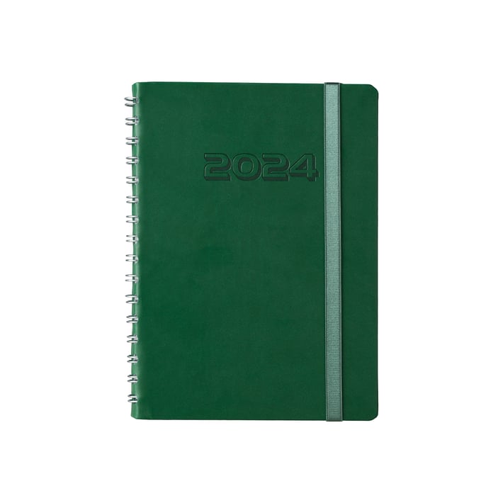 Календар-бележник, с дати, А5, със спирала и ластик, луксозен, зелен