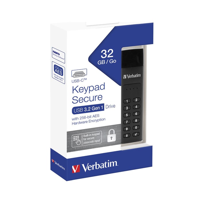 Verbatim USB флаш памет, Keypad Secure, USB Type-C 3.2, 32 GB, черна