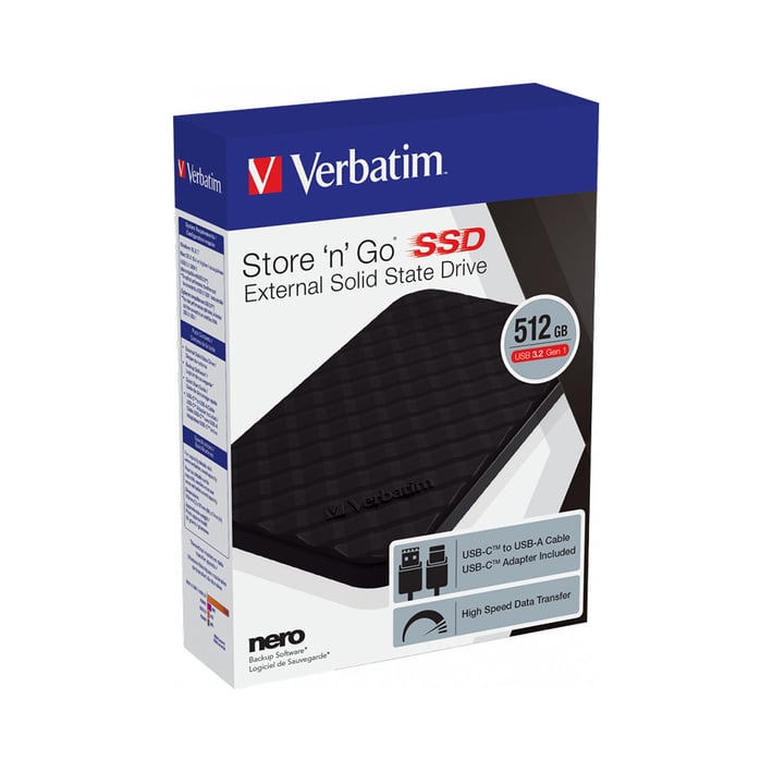 Verbatim Външен SSD твърд диск Store 'n' Go Portable, 512 GB, черен