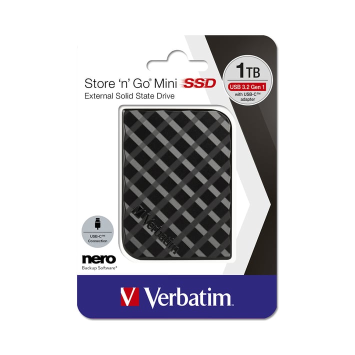 Verbatim Външен SSD твърд диск Store 'n' Go Mini, USB 3.2, 1 TB, черен