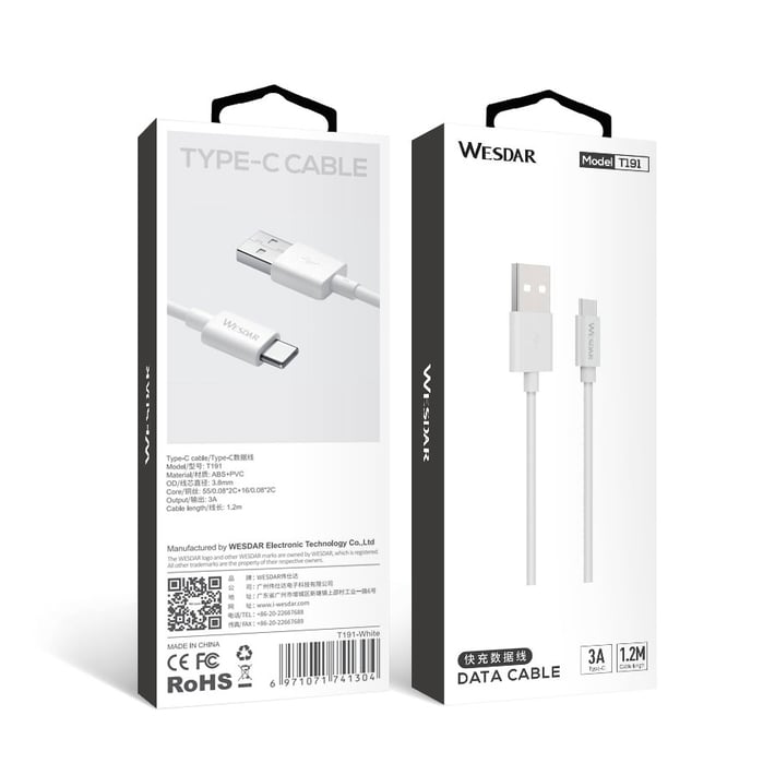 Wesdar Кабел, USB към USB Type C, 1.2 m, бял