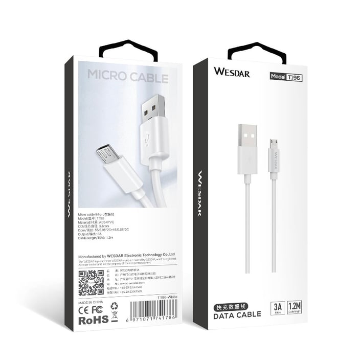 Wesdar Кабел, USB към Micro USB, 1.2 m, бял