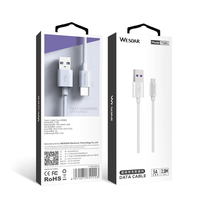 Wesdar Кабел, USB към USB Type C, бързо зареждане, 2 m