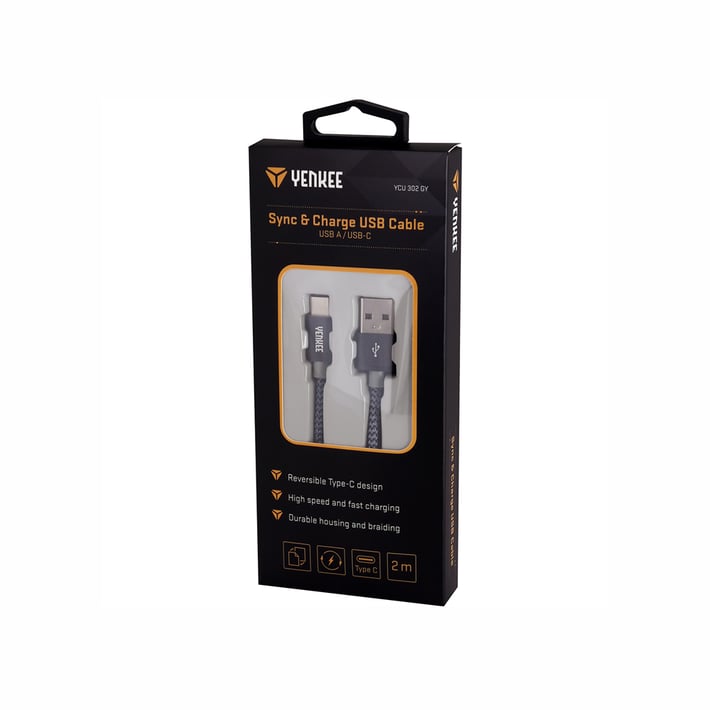 Yenkee Кабел 302 GY, USB-A Male към USB-C Male, 2 m, сив