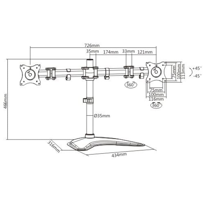 Lumi Стойка за 2 монитора LDT07-T024, 13'' - 27'', черна